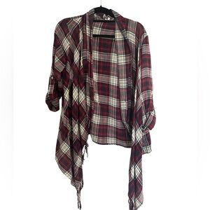 En Creme Plaid Flannel Fringed Cardigan Scarf Shaw Sz M